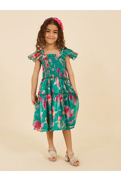 Styli Floral Printed Ruffled Sleeve Organza A-Line Dress
