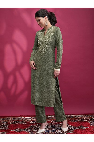 Vishudh By Styli Women Green Embroidered Kurta and Trouser Set
