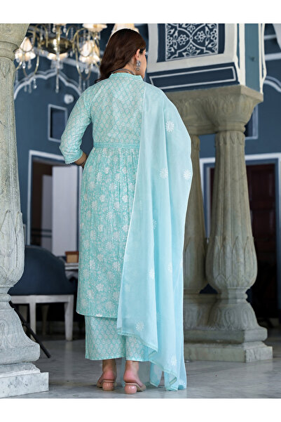 Vishudh By Styli Blue Cotton Floral Printed Kurta Set with Dupatta