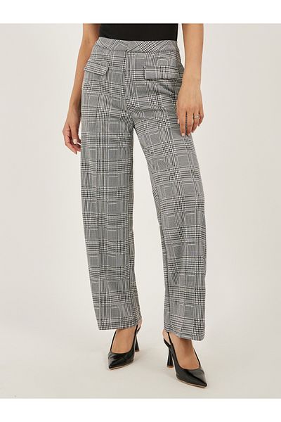 Luxewave By Styli Mid Rise Checked Wide Leg Pants with Flap Detail