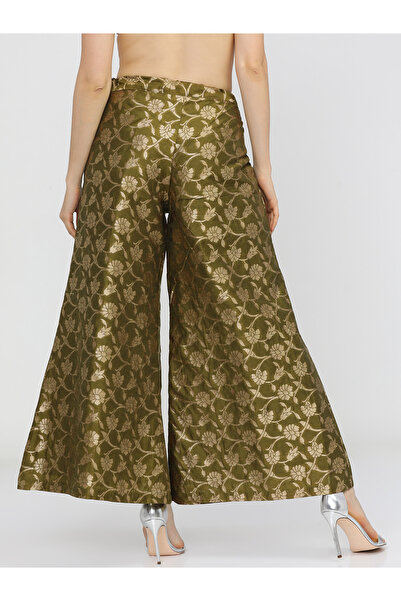 Vishudh By Styli Women Olive & Gold-Toned Floral Woven Designed Palazzo