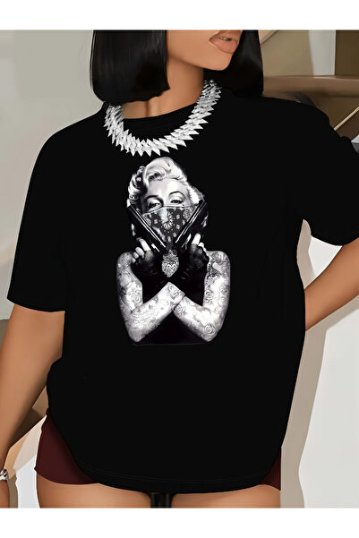 l'eivor Tricou din bumbac pentru femei negru cu imprimeu Gangster Marilyn Monroe