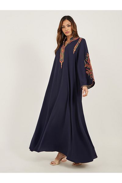 Styli Navy Blue Embroidered Stand Collar Jalabiya