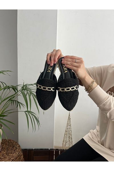 Behtah Kundura Women's Closed Front Straw Slippers Lace Knitted Chain Dowry Casual Slippers