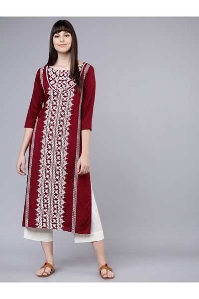 Vishudh By Styli كورتا فيشود النسائية المستقيمة المطبوعة باللونين العنابي والأبيض