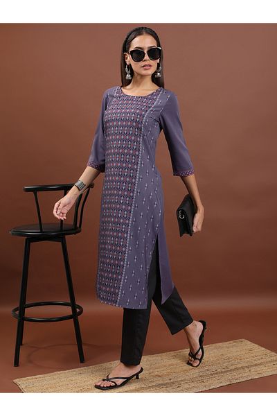 Vishudh By Styli Purple Geometric Printed Round Neck Thread Work Straight Kurta