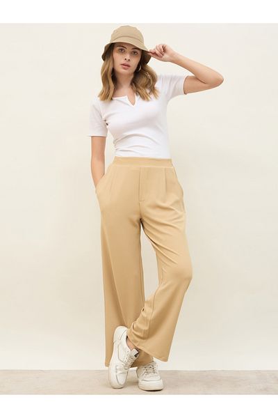 Styli Mid Rise Wide Leg Pants with Elasticated Waistband