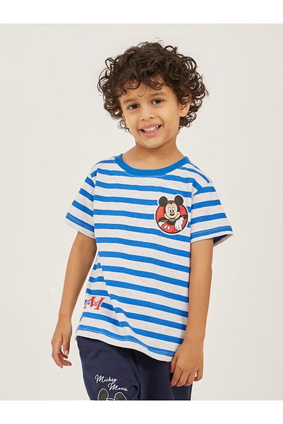 Styli Mickey Mouse Print Detail Short Sleeve Striped T-Shirt