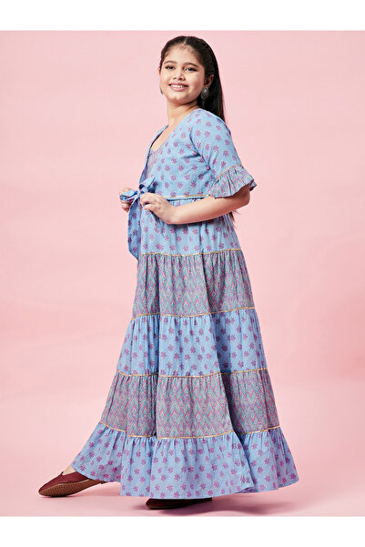 Stylo Bug By Styli All Over Printed Tiered Dress with Tie-Up Detail