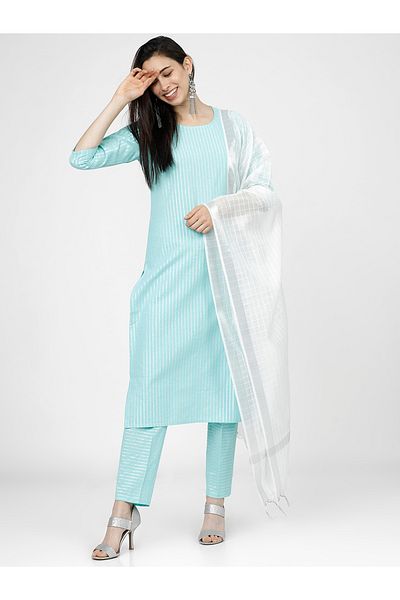 Vishudh By Styli Women Blue Striped Cotton Kurta Set with Dupatta