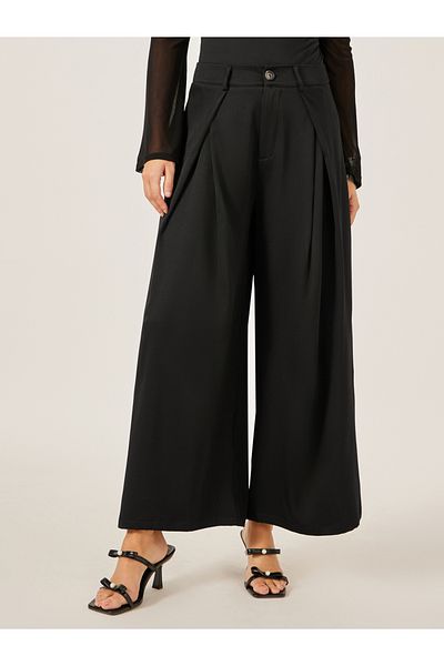Styli Pleated Black Wide Leg Pants for Women