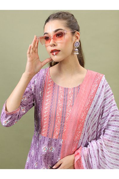Vishudh By Styli Women Purple Floral Cotton Kurta Set