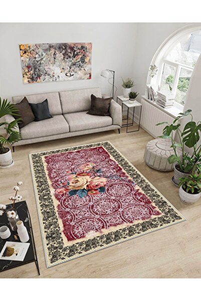 Dijidekor Shine M(269) Burgundy Non-Fringed Non-Slip Based Digital Printed De...