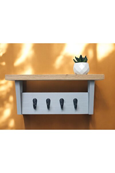 EYA STUDİO Kancalı Ahşap Anahtar Askılığı ve Duvar Rafı- Antre Hol Duvar Rafl...