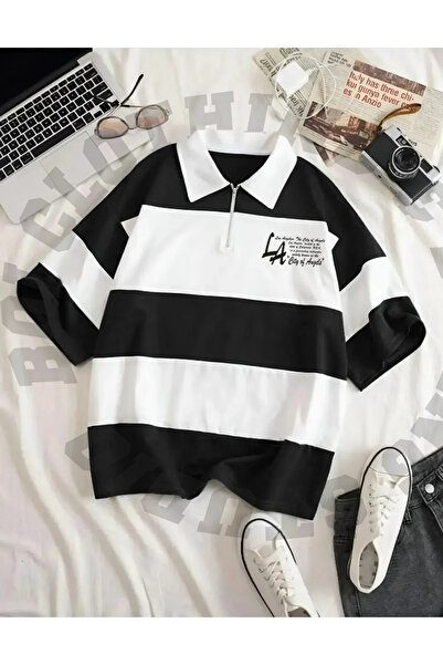 Boi Tricou pentru femei Los Angeles cu imprimeu cu jumătate de fermoar și gul...