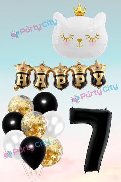 Party City Σετ μπαλονιών με θέμα το λευκό γάτο 7 ετών με στέμμα, σετ γιορτής γενεθλίων