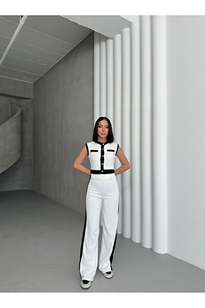 BEJNA Women's White Sleeveless Stripe Detailed Bottom Top Set