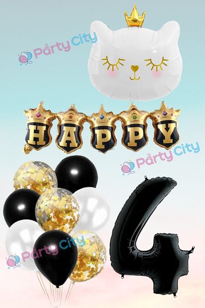 Party City Σετ μπαλονιών με θέμα το λευκό γάτο 4 ετών, σετ γιορτής γενεθλίων