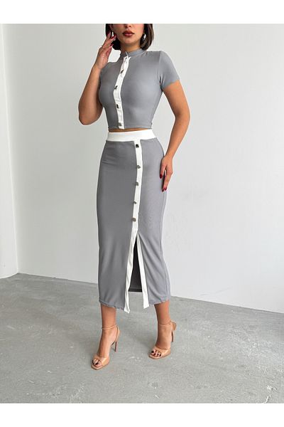 BEJNA Women's Gray Button Detailed Skirt Suit