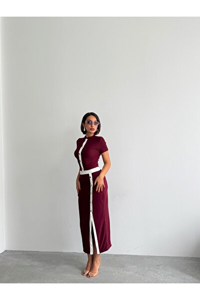 BEJNA Women's Burgundy Button Detailed Skirt Suit