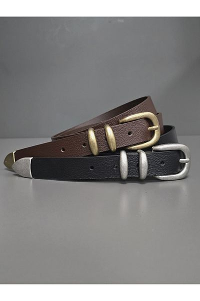 Kemerix 100% Genuine Leather Black Tin-Brown Antique Coated Tool Buckle 2-Piece Belt Set