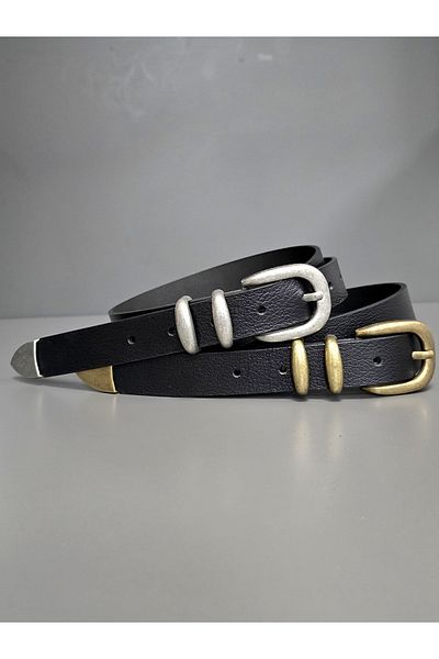 Kemerix 100% Genuine Leather Antique and Tin Coated Tool Buckle Black 2-Piece Belt Set