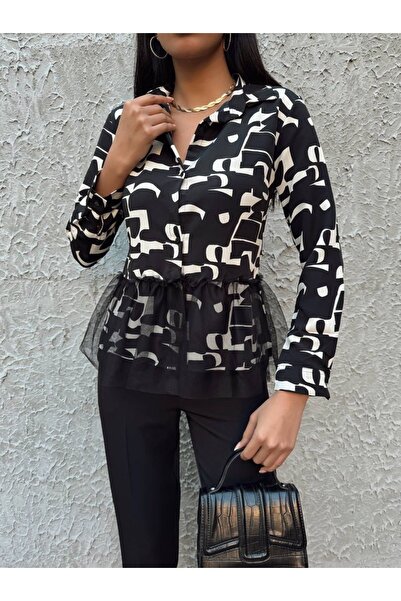 mass fashion Kadın Tül Detaylı Gömlek -Siyah