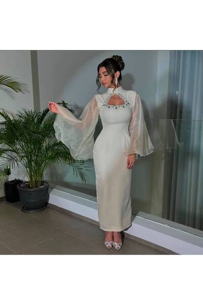 zoezoe Uzun Organze kol yakada dekolte detaylı söz nişan davet elbisesi