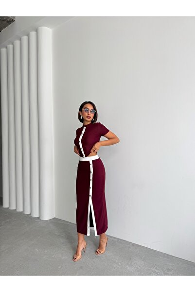 BEJNA Women's Burgundy Button Detailed Skirt Suit