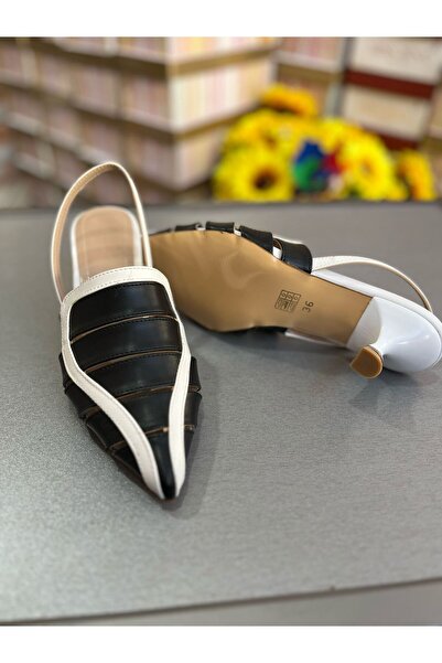 Park Moda Black and White Leather Slingback Heeled Shoes