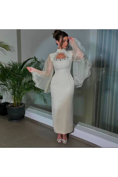 zoezoe Uzun Organze kol yakada dekolte detaylı söz nişan davet elbisesi