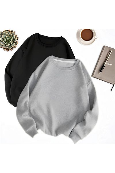 VİPER 2 Pack Black and Gray Basic Winter Sweatshirt with Ribbon
