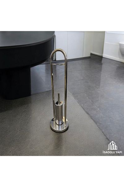 İSAOĞLU YAPI Free Standing Toilet Roll Holder and Brush Bathroom Set Stainless Material Toilet Roll Holder
