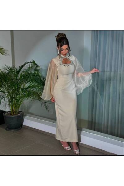 zoezoe Uzun Organze kol yakada dekolte detaylı söz nişan davet elbisesi