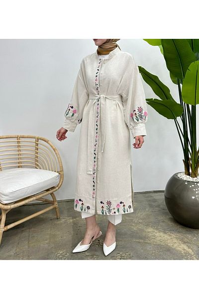 Lavanta Tekstil Striped Floral Embroidered Hijab Belted Linen Kimono Cap