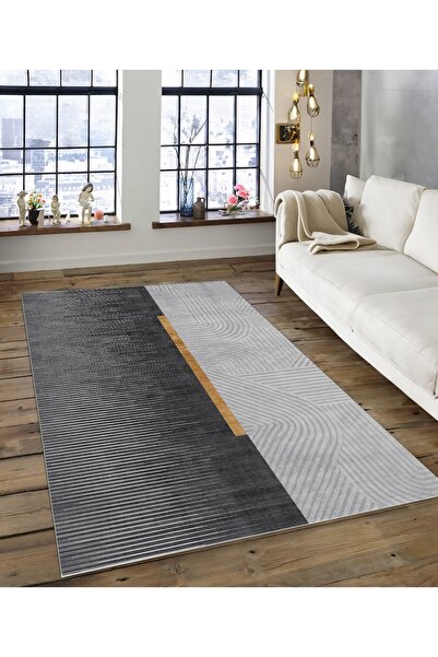 Dijidekor Shine M(153) Anthracite Fringeless Non-Slip Based Digital Printed D...