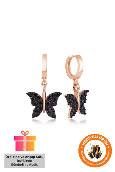 Lucente Jewellery Hediye Kutulu Siyah Taşlı Küpe Kelebek 925 Ayar Rose Gümüş ...