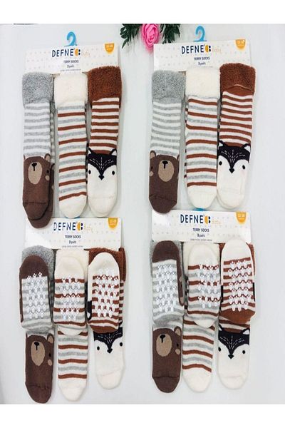 Defne Baby 3 Pairs Towel Cotton Non-Slip Sole Winter Boys and Baby Socket Socks