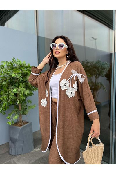 Göker Life Floral Detailed Linen Kimono Set