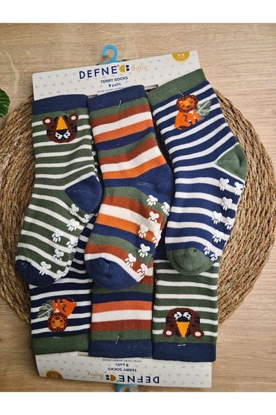 Defne Baby 3 Pairs Towel Cotton Non-Slip Sole Winter Boys and Baby Socket Socks