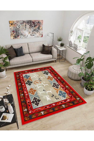 Dijidekor Shine M(7) Red Fringeless Non-Slip Based Digital Printed Decorative...