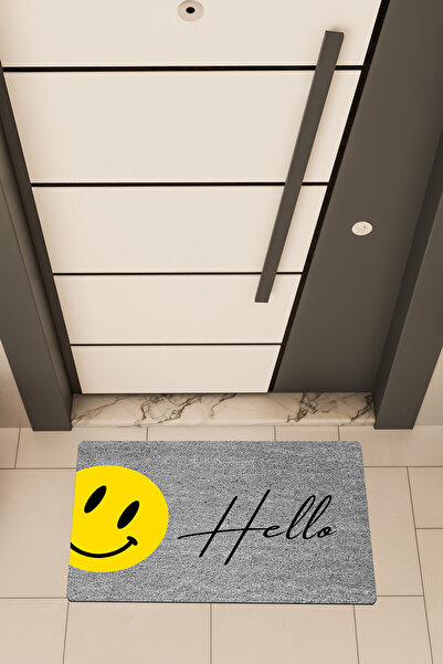 Dormot Home Quality Digital Printing Gray, Hello Emoji Themed Door Front Mat