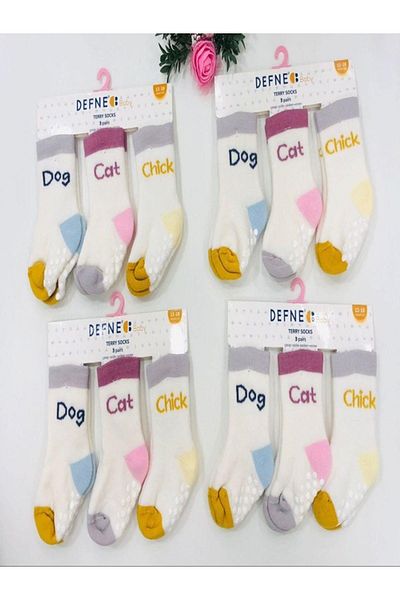 Defne Baby 3 Pairs Towel Cotton Non-Slip Sole Winter Girl's and Baby Socket Socks