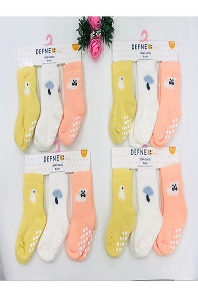 Defne Baby 3 Pairs Towel Cotton Non-Slip Sole Winter Girl's and Baby Socket Socks