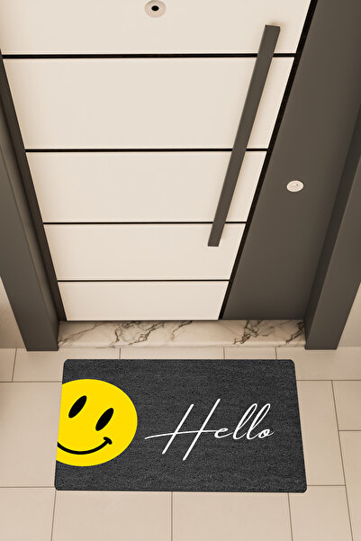 Dormot Home Ποιοτικό ψηφιακό εκτυπωμένο μαύρο χαλάκι πόρτας με θέμα Hello Emoji