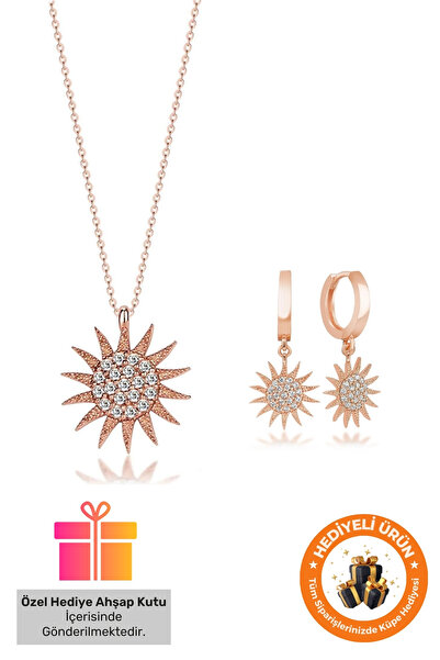 Lucente Jewellery Hediye Kutulu Güneş Ikili Set Kolye & Küpe Gümüş Rose Kaplama Taşlı Güneş Sembolü Takım