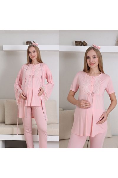 Lohussa Women's Maternity Pajama Set Salmon Lace Special Design 3 Pieces