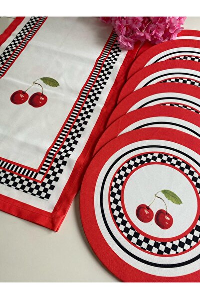 Runner Supla Home Kiraz Desenli Kırmızı-Beyaz Runner & Supla Takımı 40x140 cm Runner + 33 cm Supla (6 Adet)