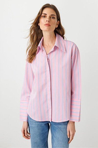 pieces of melon Pembe-Çizgili Pamuklu Geniş Yaka Ve Manşet Detaylı Gömlek