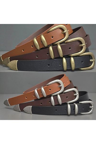 Kemerix 100% Genuine Leather Antique and Tin Finish Tool Buckle Black-Tan-Angle Brown 6-Piece Belt Set